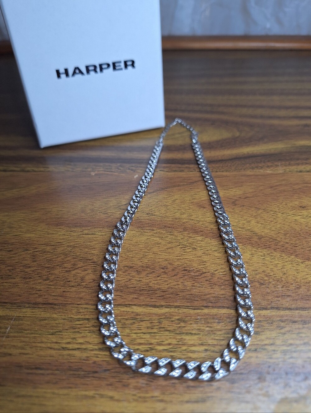 Harper Jewelry Silver Tone Half Rhinestone Curb Cuban Chain Necklace 18.25" New